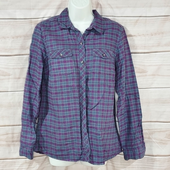 Eddie Bauer Tops - Eddie Bauer flannel shirt button up long sleeve plaid gray purple magenta pink M